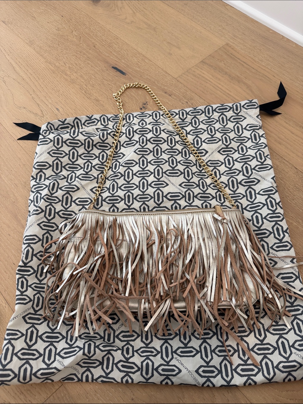 Rebecca Minkoff Metallic Gold And Tan Fringe Shoulder Bag With Chain Strap